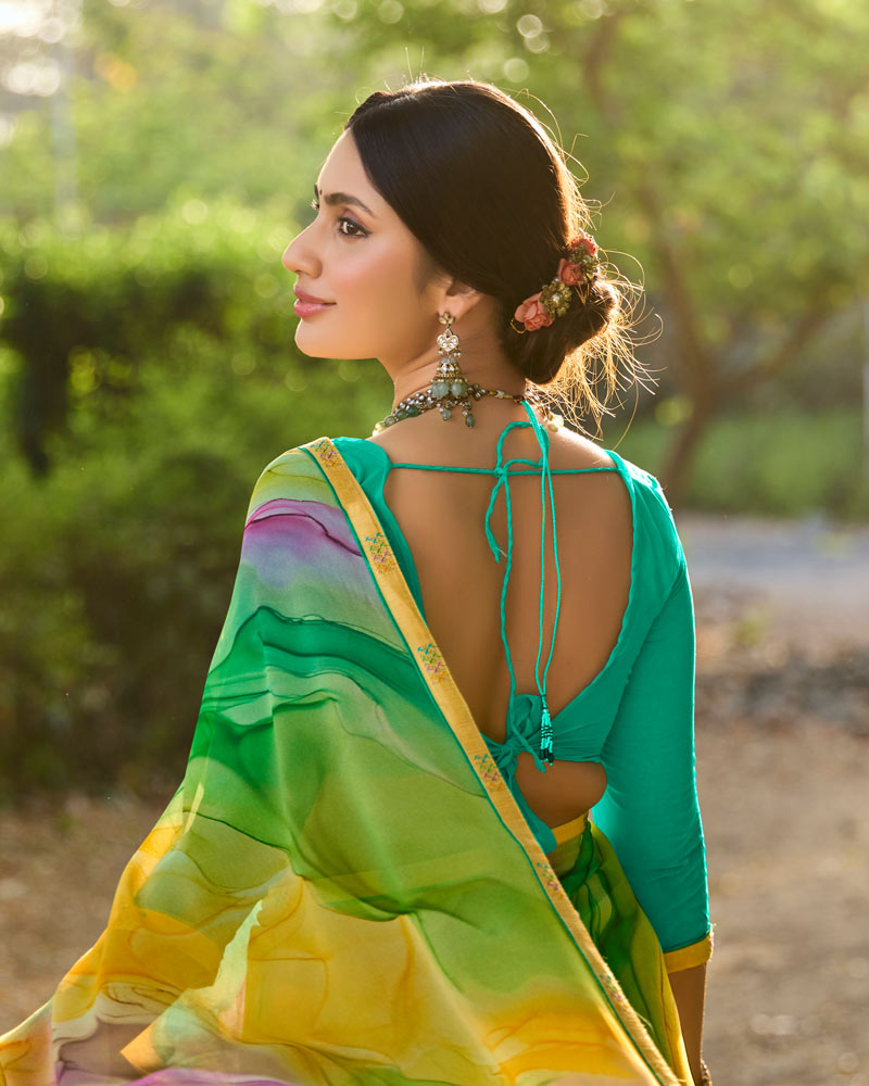 Vishal Prints Fern Green Digital Printed Georgette Saree With Fancy Border