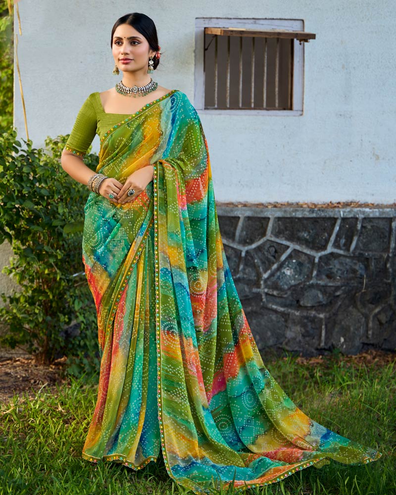 Vishal Prints Mehandi Green Digital Printed Georgette Saree With Fancy Border