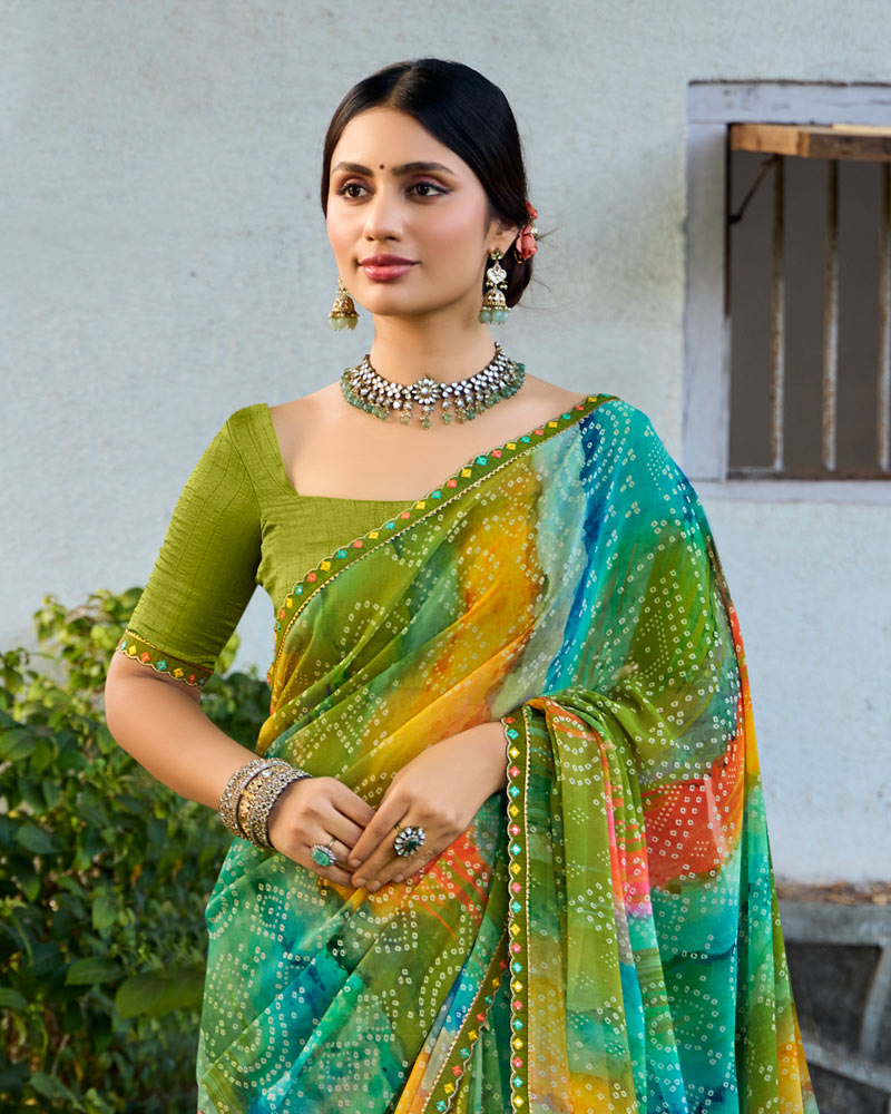 Vishal Prints Mehandi Green Digital Printed Georgette Saree With Fancy Border