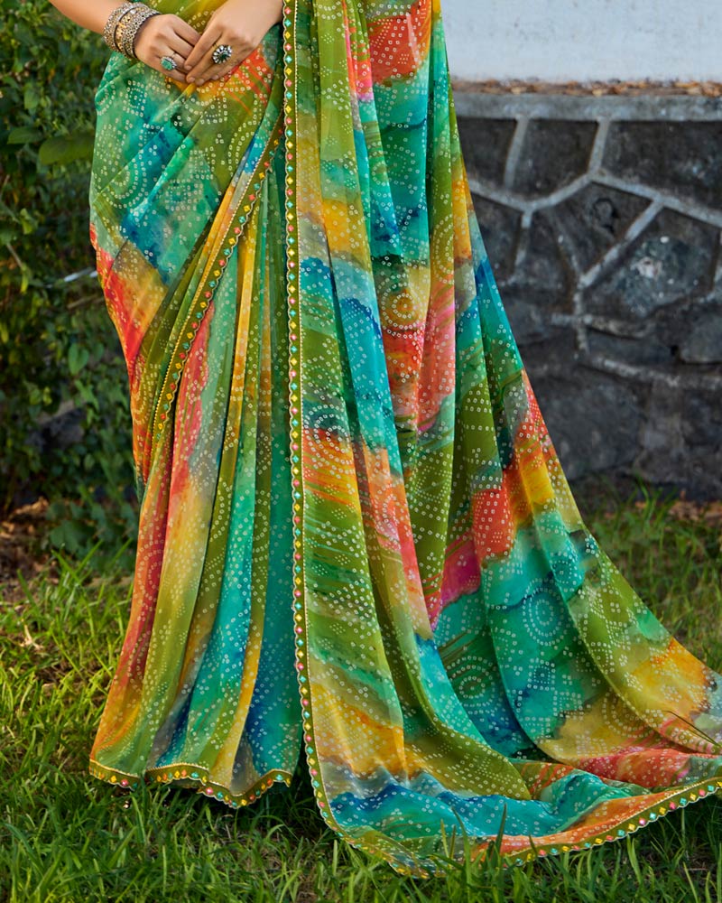 Vishal Prints Mehandi Green Digital Printed Georgette Saree With Fancy Border