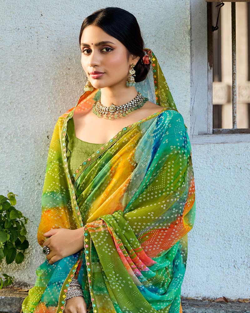 Vishal Prints Mehandi Green Digital Printed Georgette Saree With Fancy Border