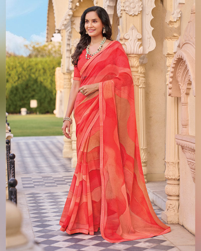 Vishal Prints Light Carmine Pink Digital Print Georgette Saree With Fancy Embroidery Border