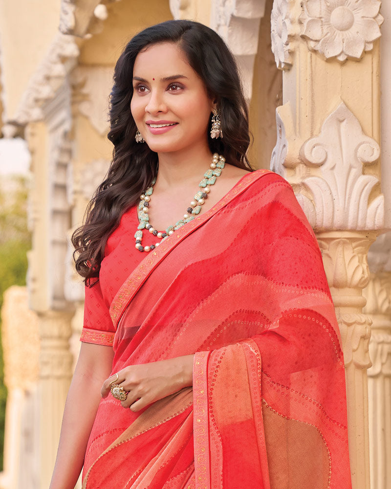 Vishal Prints Light Carmine Pink Digital Print Georgette Saree With Fancy Embroidery Border