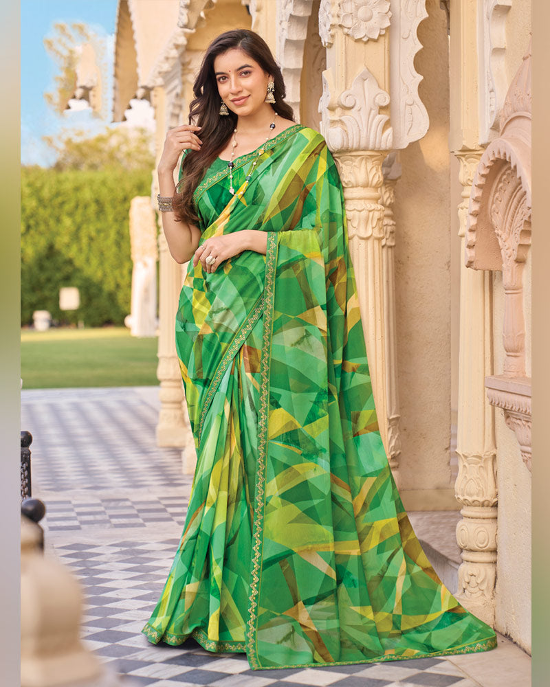 Vishal Prints Forest And Pastel Green Digital Print Georgette Saree With Fancy Embroidery Border