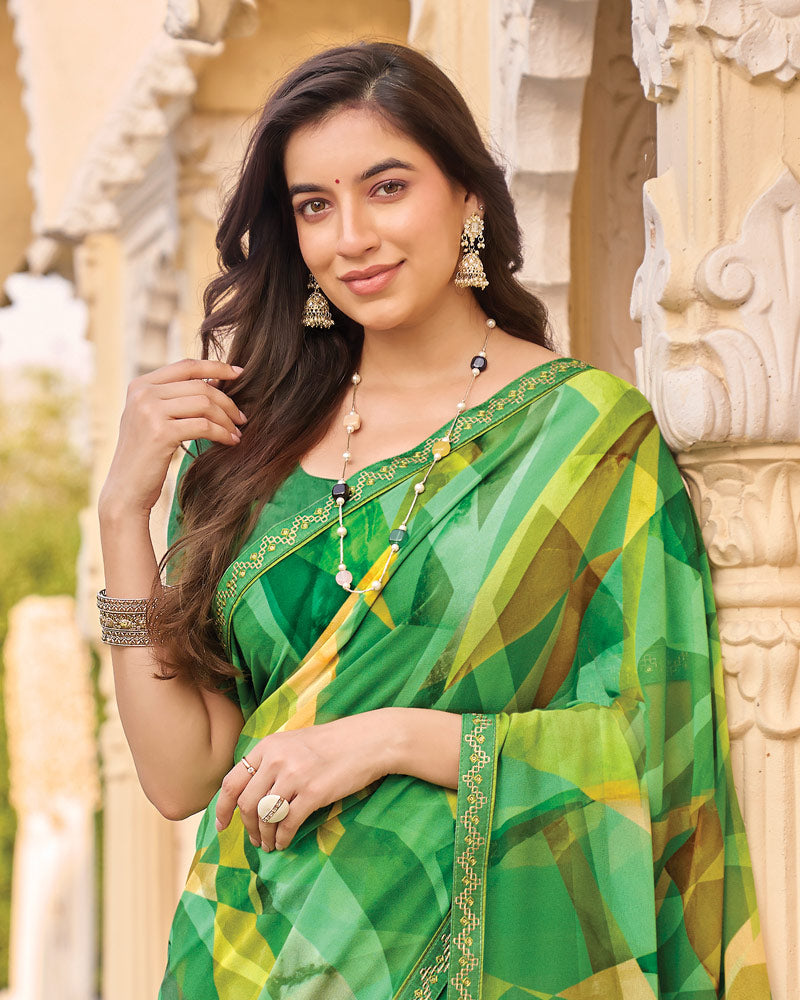 Vishal Prints Forest And Pastel Green Digital Print Georgette Saree With Fancy Embroidery Border