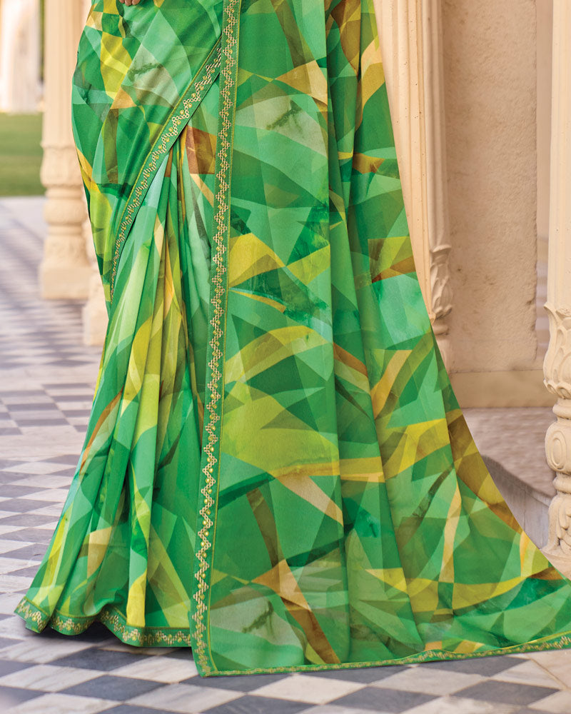 Vishal Prints Forest And Pastel Green Digital Print Georgette Saree With Fancy Embroidery Border