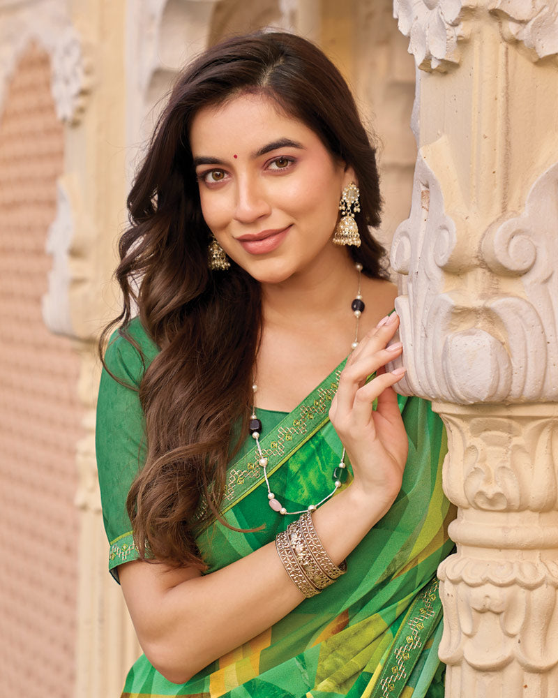 Vishal Prints Forest And Pastel Green Digital Print Georgette Saree With Fancy Embroidery Border