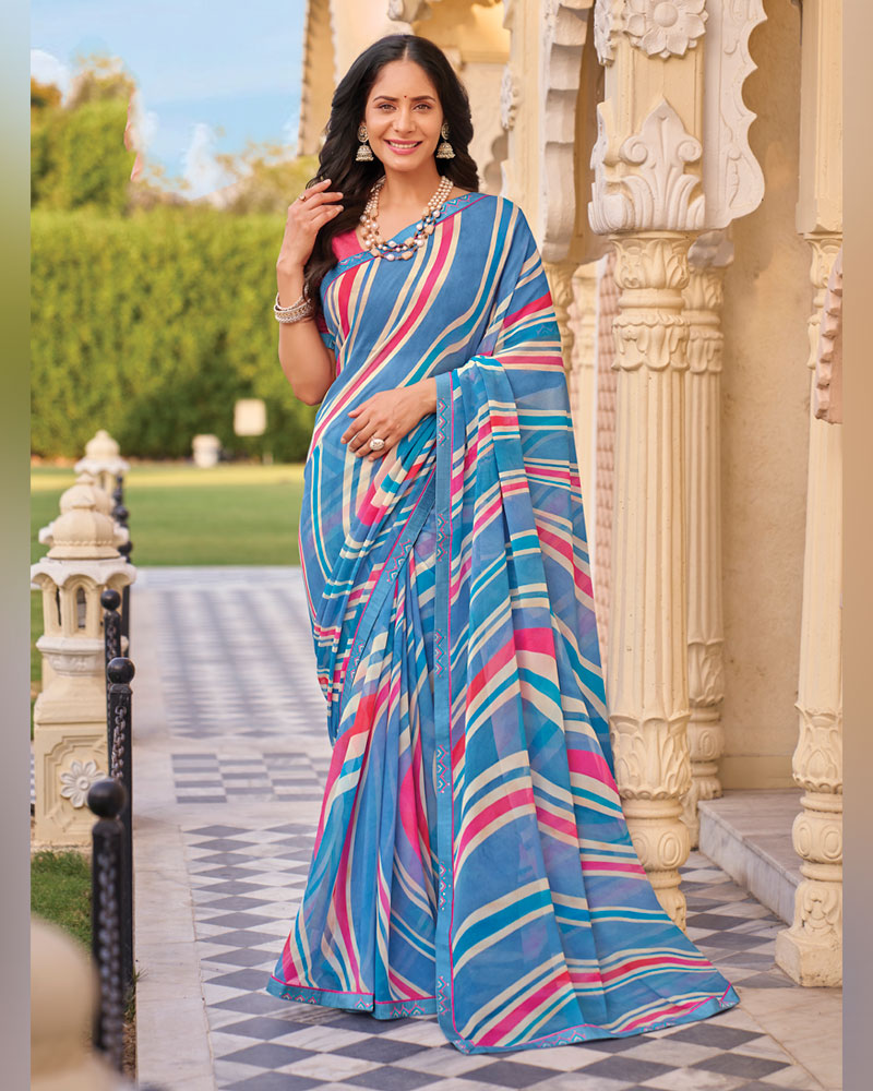 Vishal Prints Cool Blue Digital Print Georgette Saree With Fancy Embroidery Border