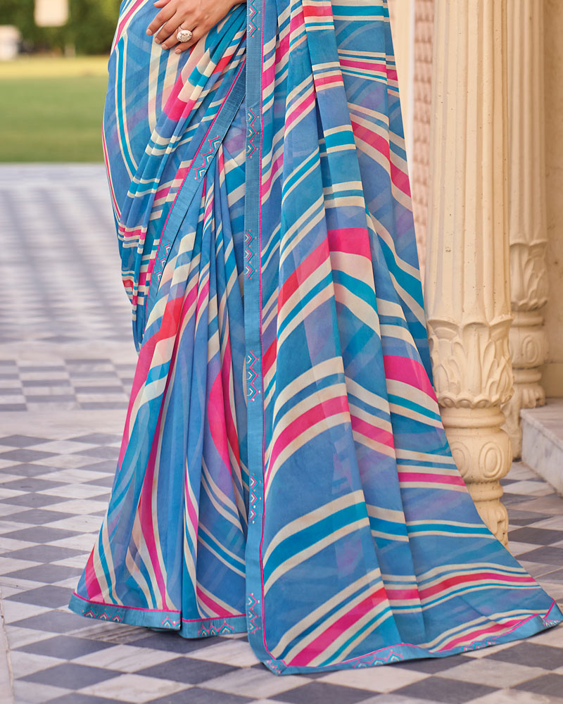 Vishal Prints Cool Blue Digital Print Georgette Saree With Fancy Embroidery Border