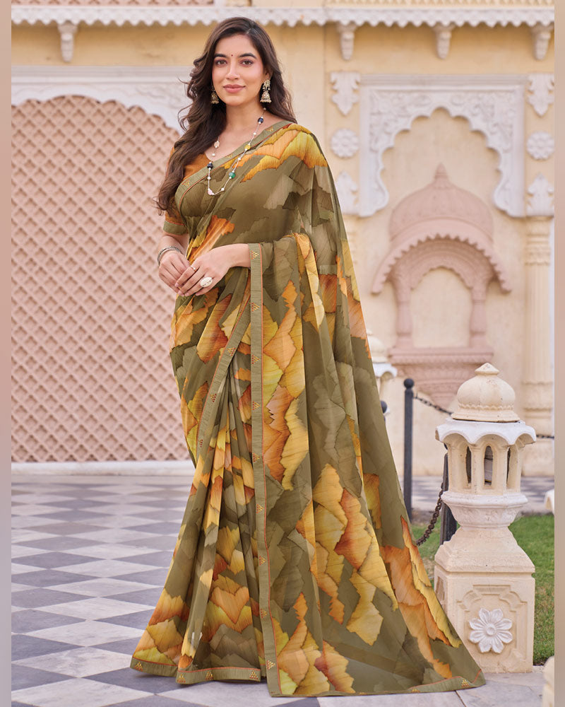 Vishal Prints Tobacco Brown Digital Print Georgette Saree With Fancy Embroidery Border