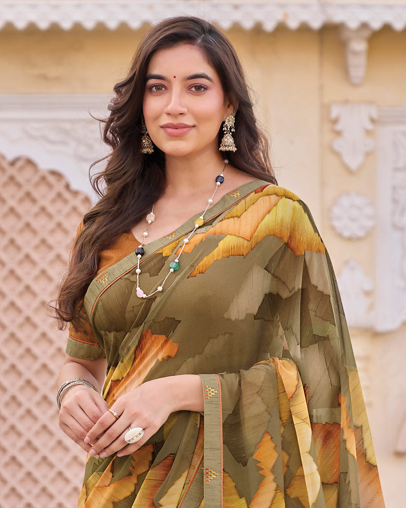 Vishal Prints Tobacco Brown Digital Print Georgette Saree With Fancy Embroidery Border