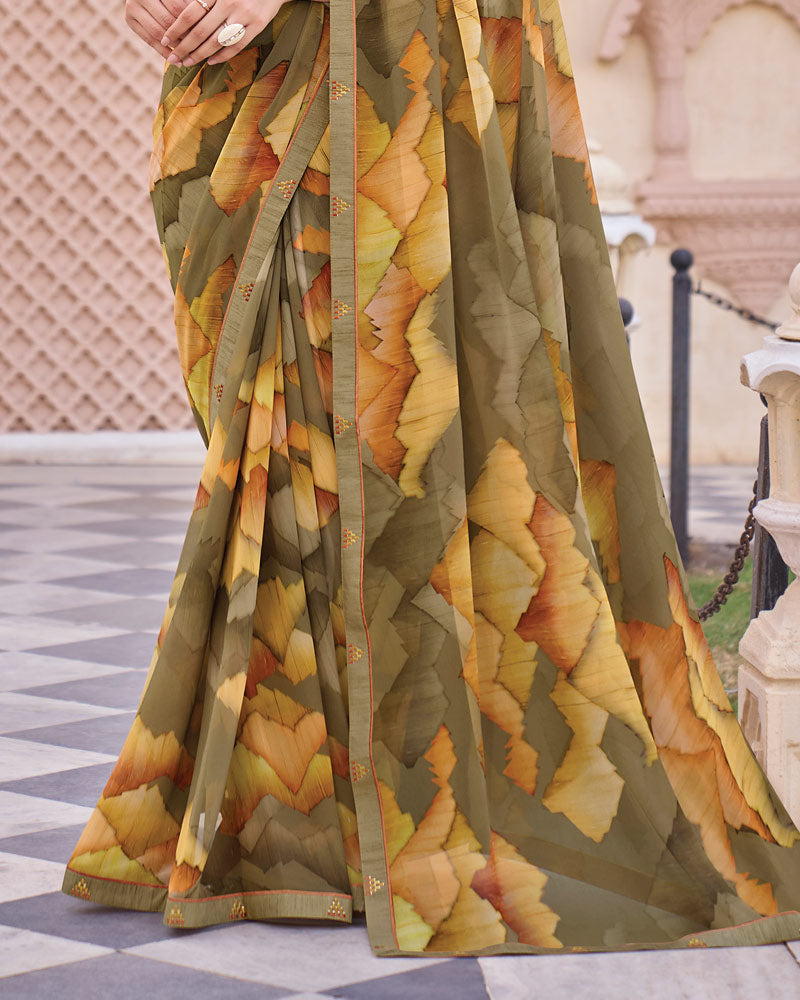 Vishal Prints Tobacco Brown Digital Print Georgette Saree With Fancy Embroidery Border