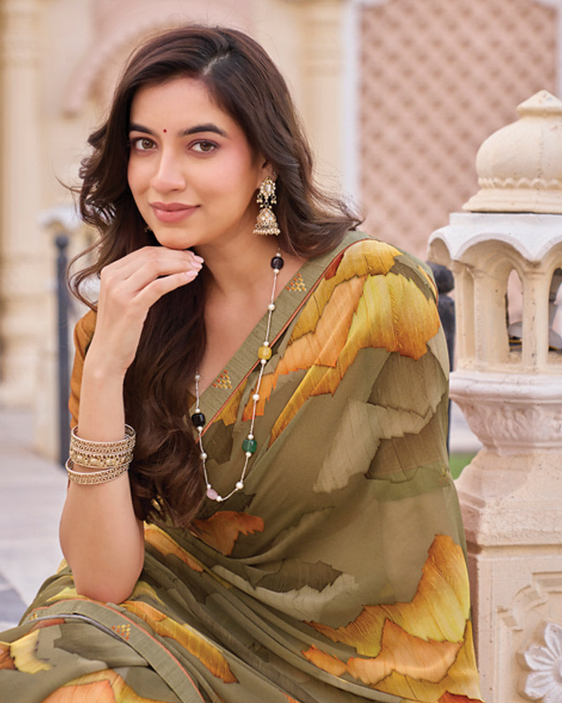 Vishal Prints Tobacco Brown Digital Print Georgette Saree With Fancy Embroidery Border