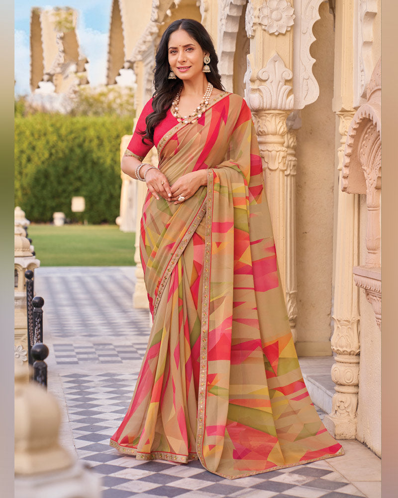 Vishal Prints Pinkish Orange Digital Print Georgette Saree With Fancy Embroidery Border