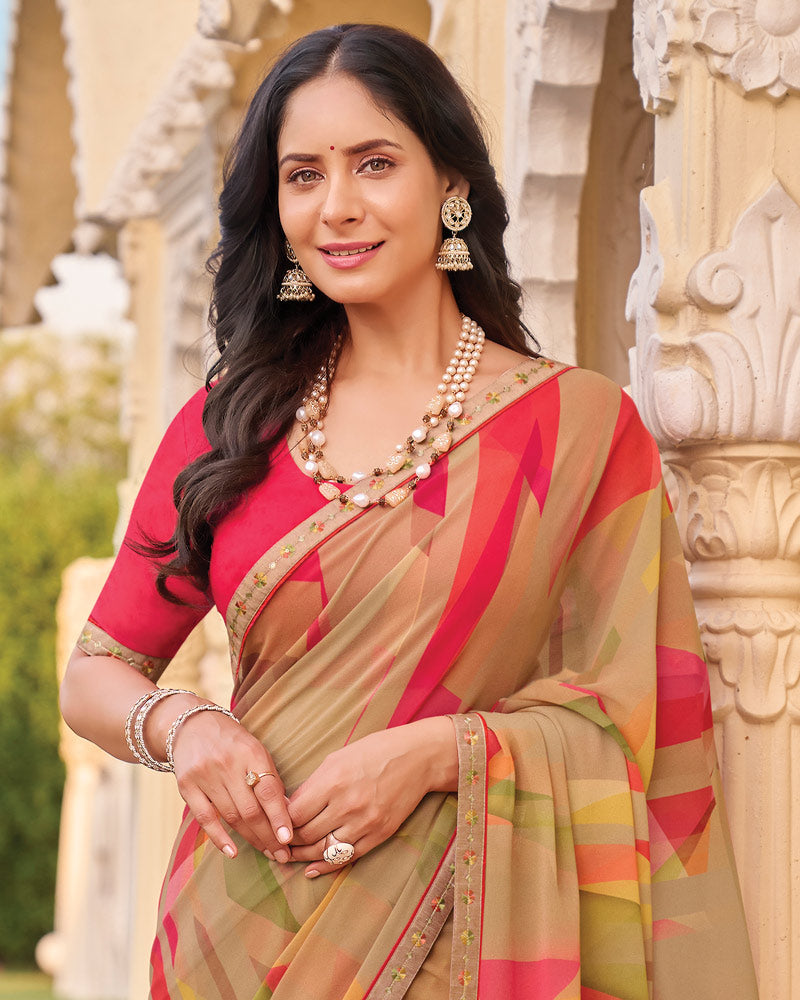 Vishal Prints Pinkish Orange Digital Print Georgette Saree With Fancy Embroidery Border