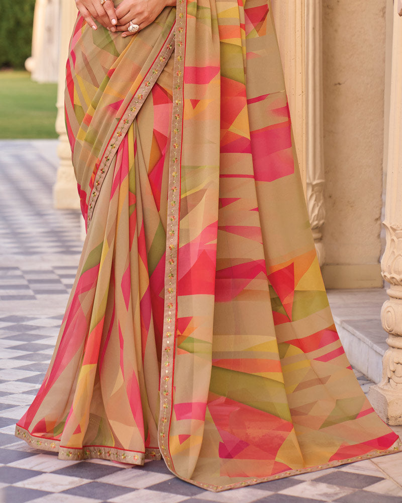 Vishal Prints Pinkish Orange Digital Print Georgette Saree With Fancy Embroidery Border