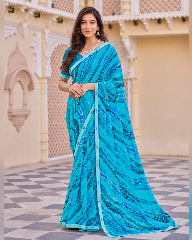 Vishal Prints Dark Topaz Blue Digital Print Georgette Saree With Fancy Embroidery Border