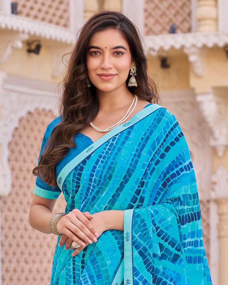 Vishal Prints Dark Topaz Blue Digital Print Georgette Saree With Fancy Embroidery Border