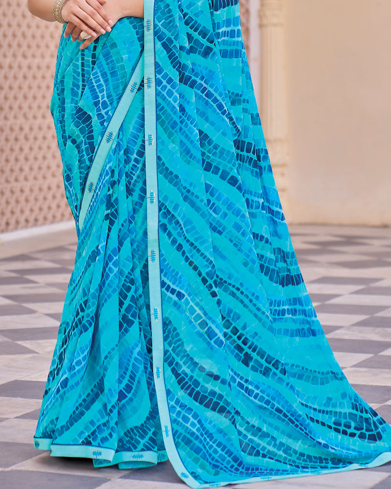 Vishal Prints Dark Topaz Blue Digital Print Georgette Saree With Fancy Embroidery Border