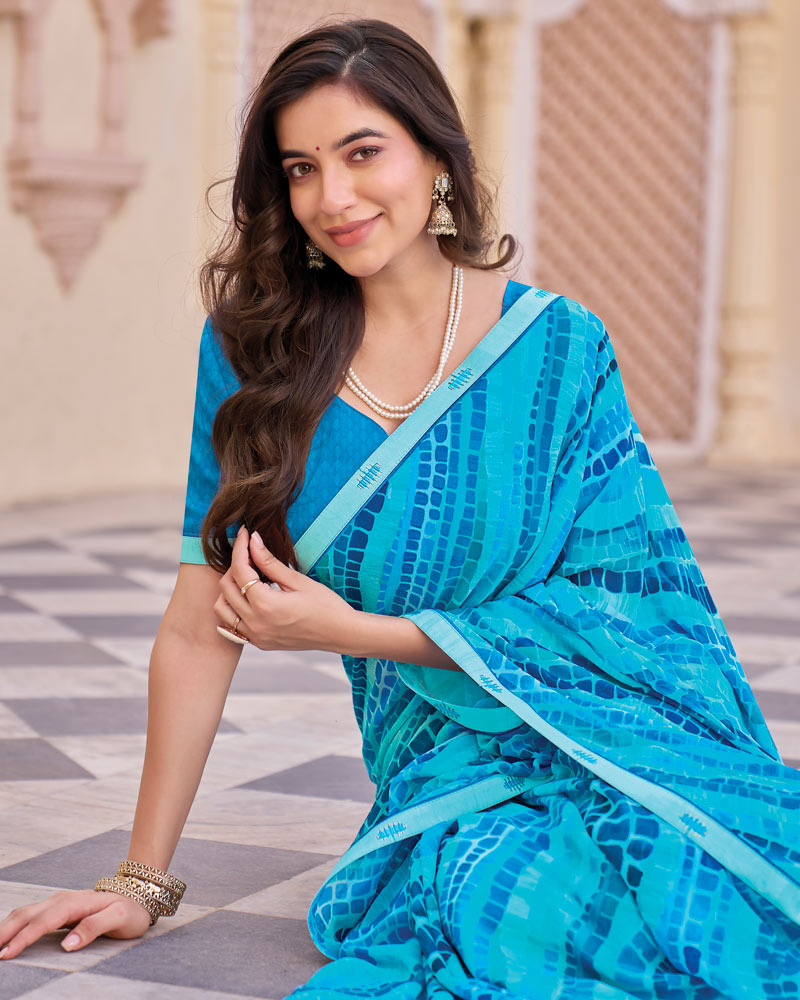 Vishal Prints Dark Topaz Blue Digital Print Georgette Saree With Fancy Embroidery Border