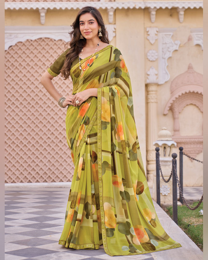 Vishal Prints Ginger Brown Digital Print Georgette Saree With Fancy Embroidery Border