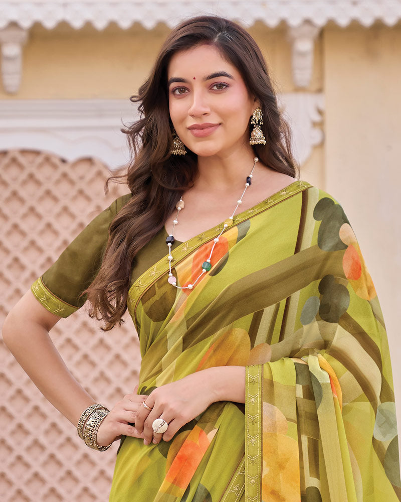 Vishal Prints Ginger Brown Digital Print Georgette Saree With Fancy Embroidery Border