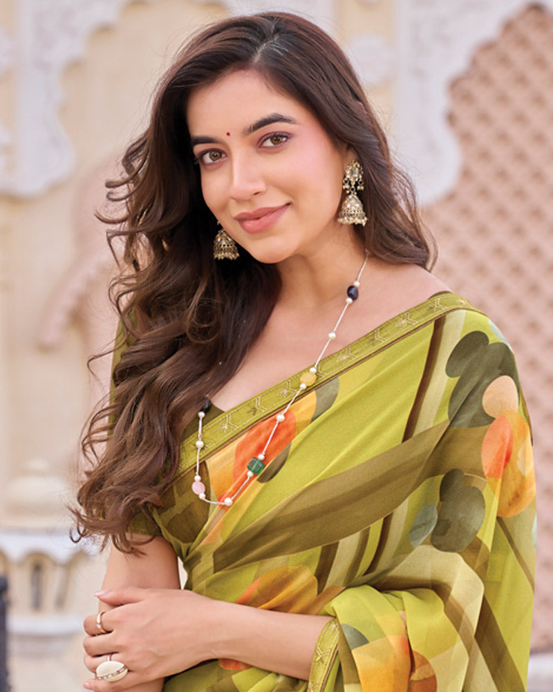 Vishal Prints Ginger Brown Digital Print Georgette Saree With Fancy Embroidery Border
