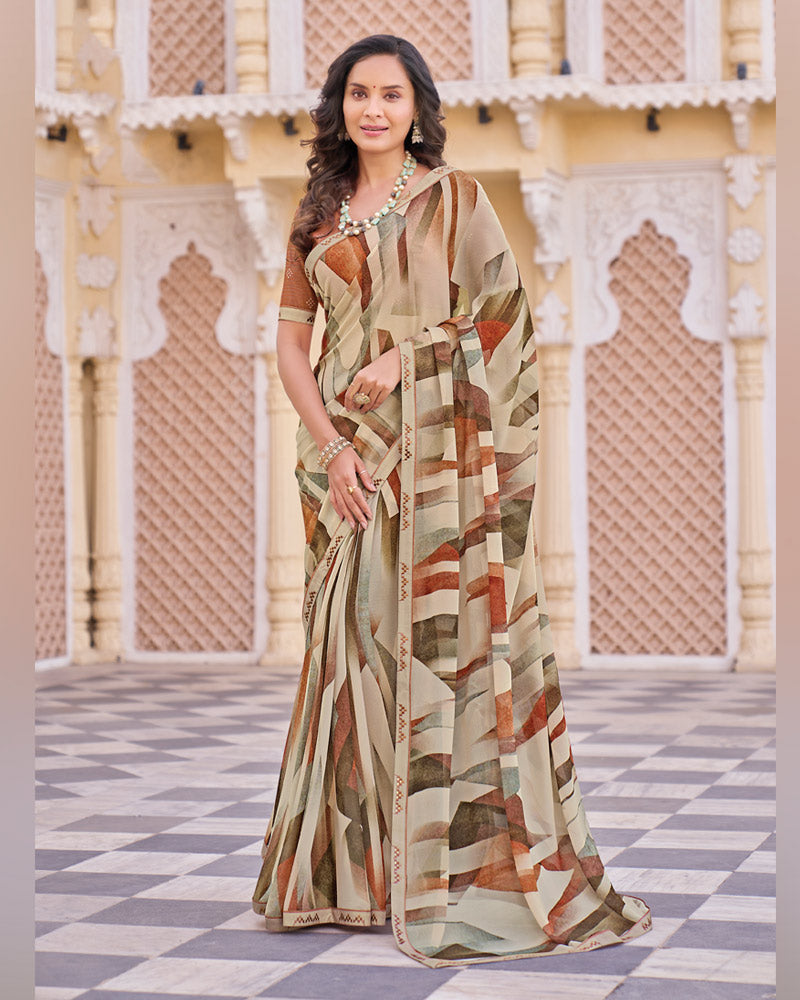 Vishal Prints Light Pinkish Grey Digital Print Georgette Saree With Fancy Embroidery Border