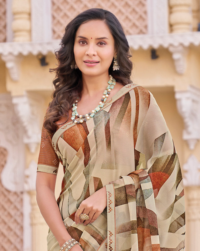 Vishal Prints Light Pinkish Grey Digital Print Georgette Saree With Fancy Embroidery Border