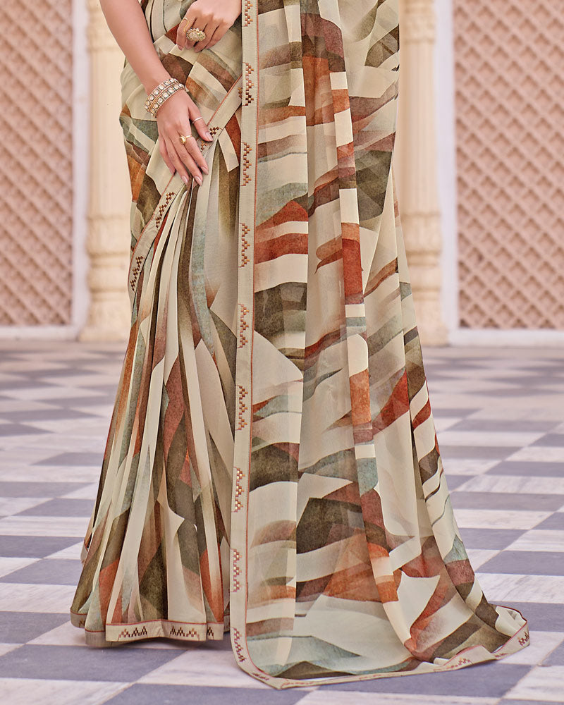 Vishal Prints Light Pinkish Grey Digital Print Georgette Saree With Fancy Embroidery Border
