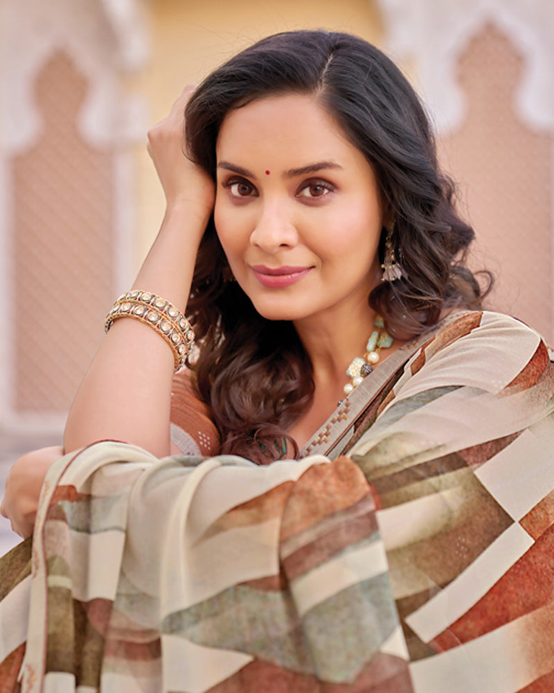 Vishal Prints Light Pinkish Grey Digital Print Georgette Saree With Fancy Embroidery Border
