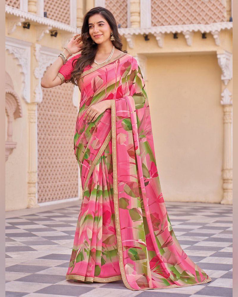 Vishal Prints French Rose Pink Digital Print Georgette Saree With Fancy Embroidery Border