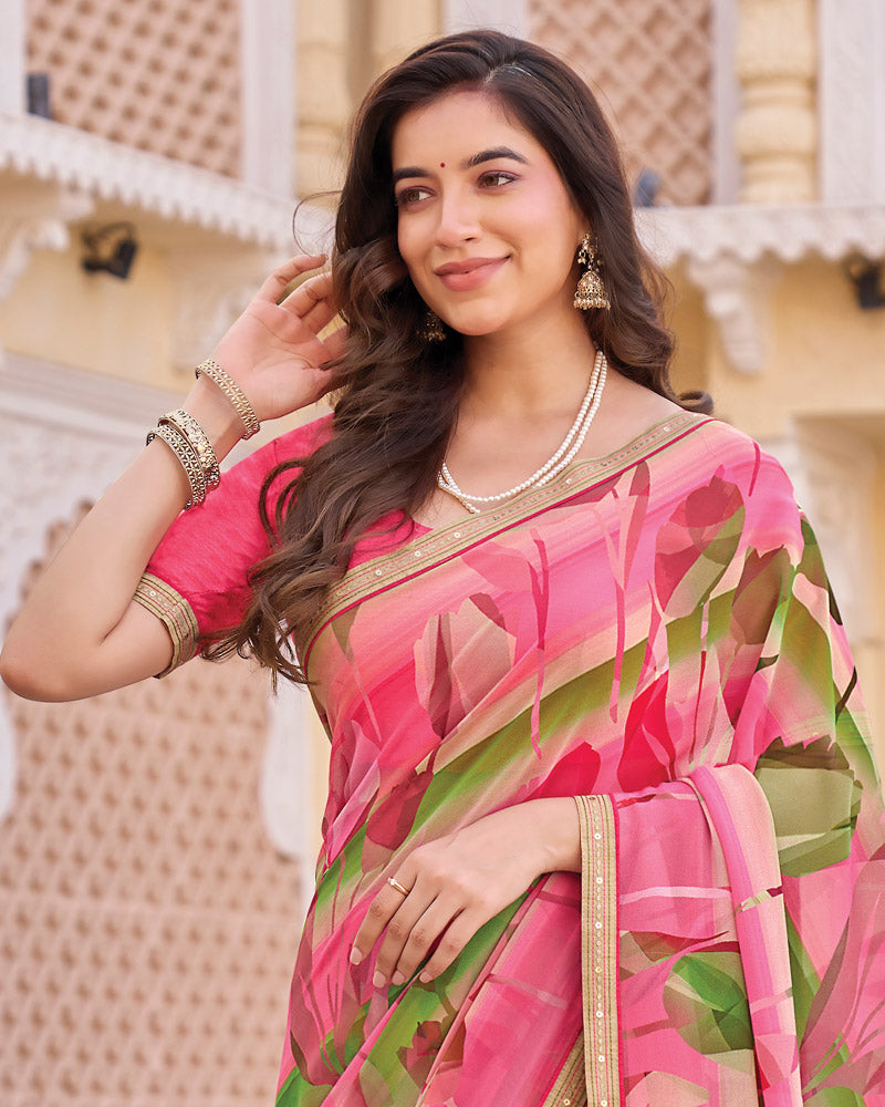 Vishal Prints French Rose Pink Digital Print Georgette Saree With Fancy Embroidery Border
