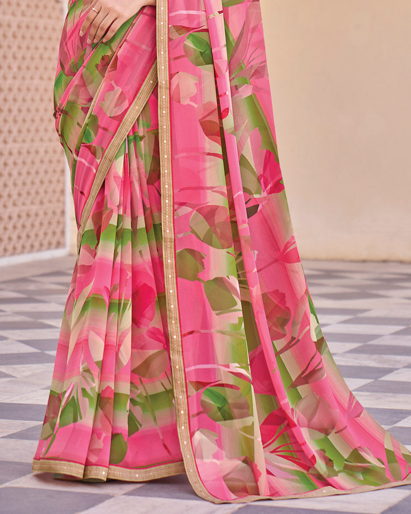 Vishal Prints French Rose Pink Digital Print Georgette Saree With Fancy Embroidery Border