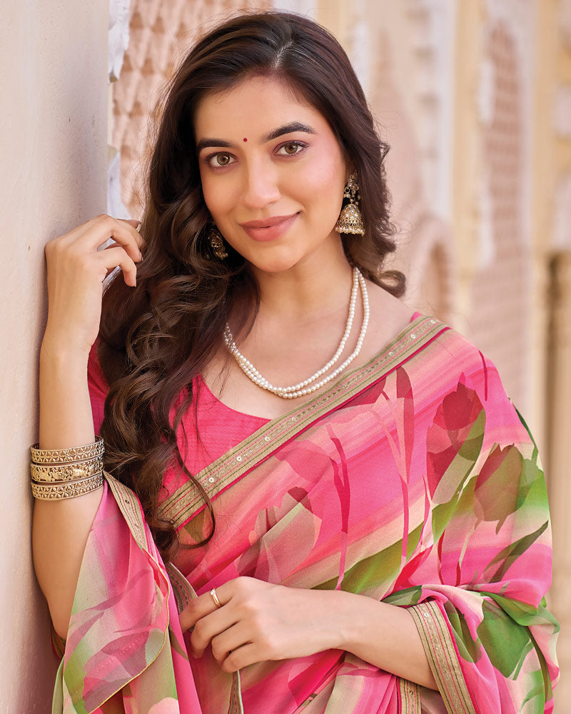 Vishal Prints French Rose Pink Digital Print Georgette Saree With Fancy Embroidery Border