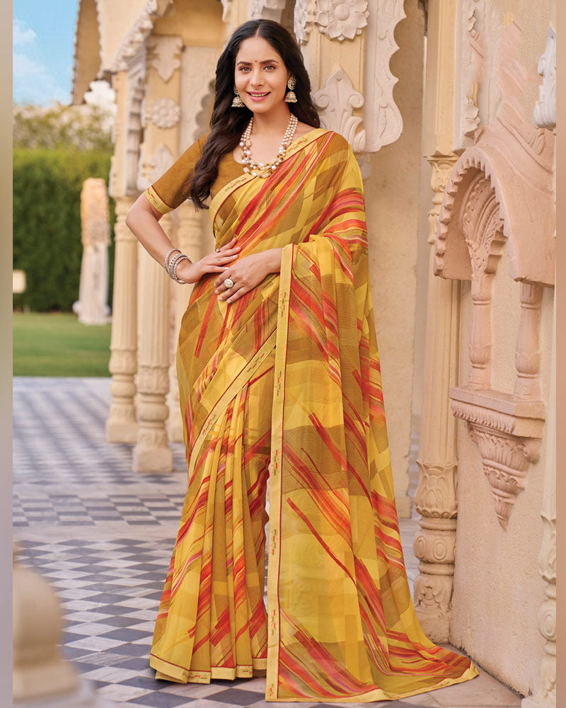 Vishal Prints Light Straw Yellow And Brown Digital Print Georgette Saree With Fancy Embroidery Border
