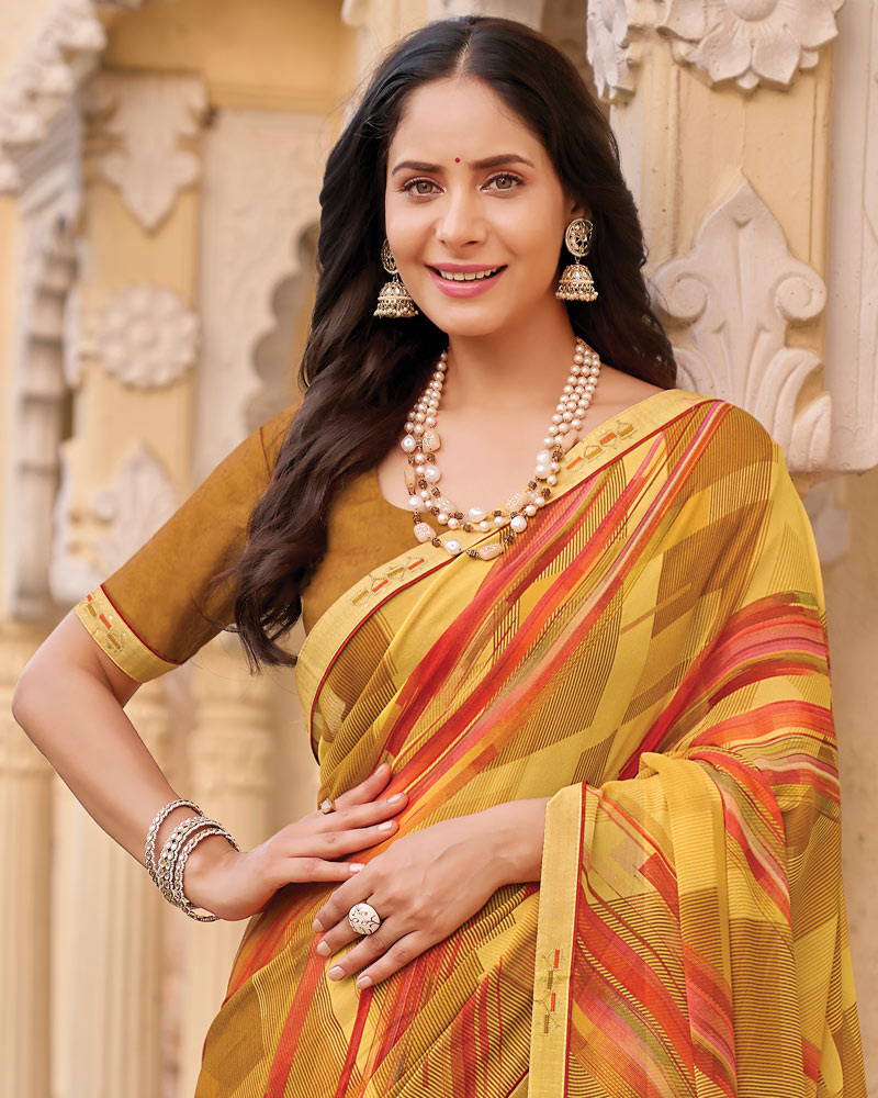 Vishal Prints Light Straw Yellow And Brown Digital Print Georgette Saree With Fancy Embroidery Border