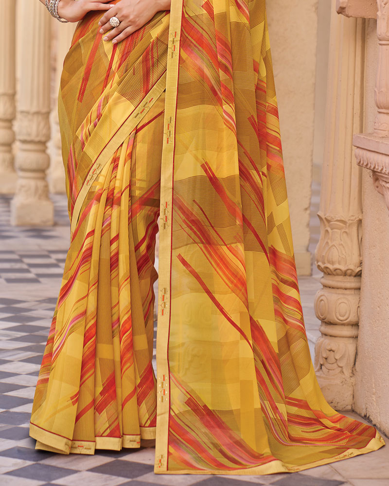 Vishal Prints Light Straw Yellow And Brown Digital Print Georgette Saree With Fancy Embroidery Border