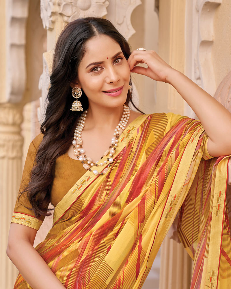 Vishal Prints Light Straw Yellow And Brown Digital Print Georgette Saree With Fancy Embroidery Border