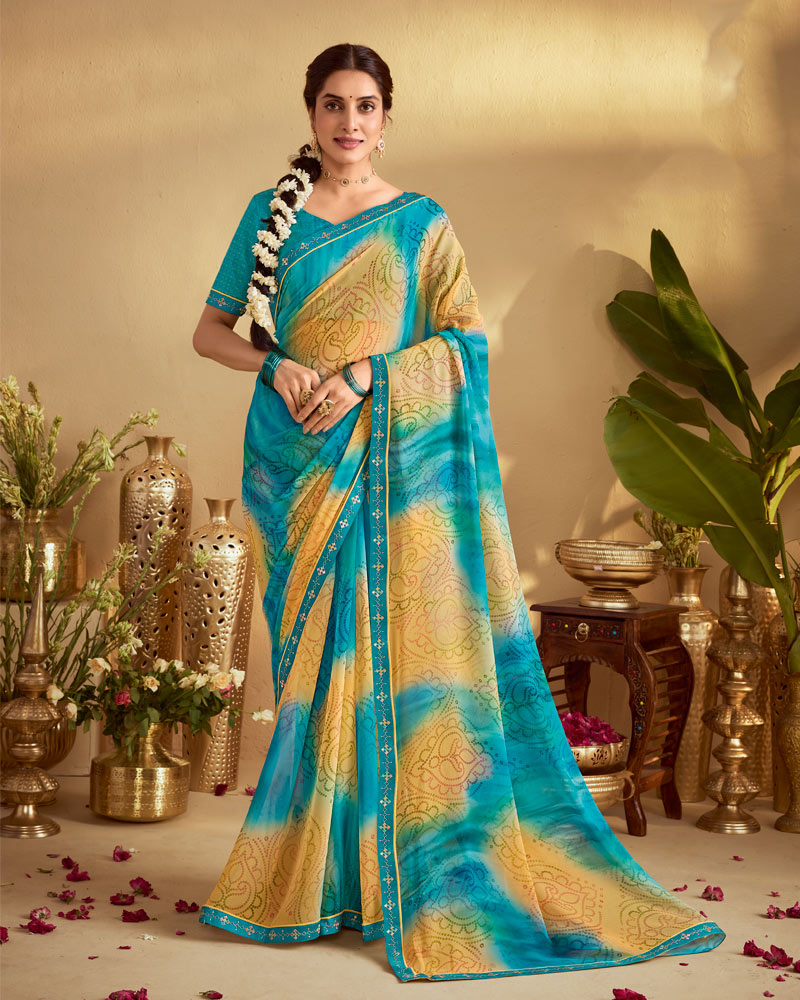 Vishal Prints Pacific Blue Digital Print Georgette Saree With Fancy Embroidery Border