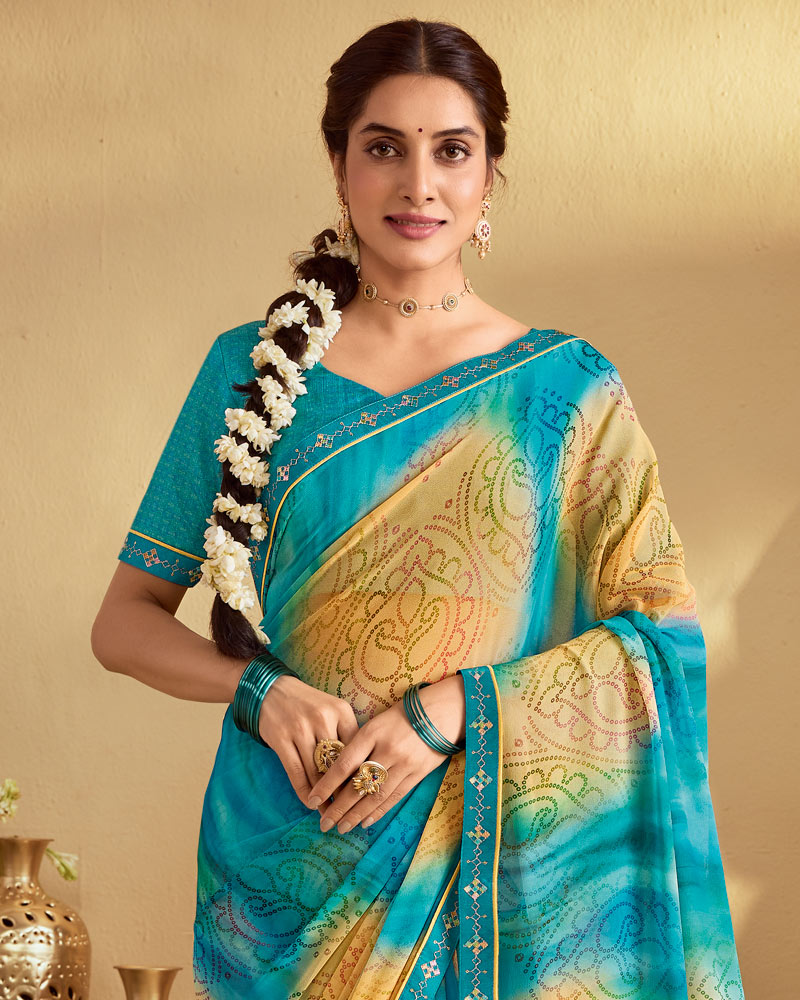 Vishal Prints Pacific Blue Digital Print Georgette Saree With Fancy Embroidery Border