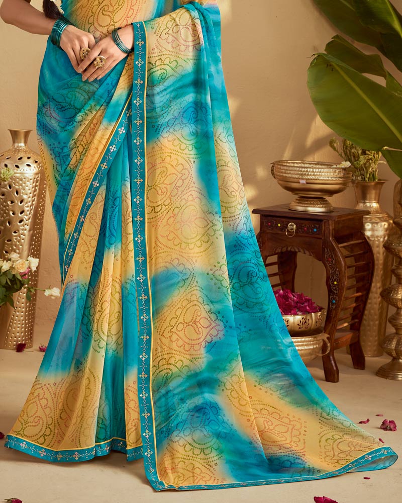 Vishal Prints Pacific Blue Digital Print Georgette Saree With Fancy Embroidery Border