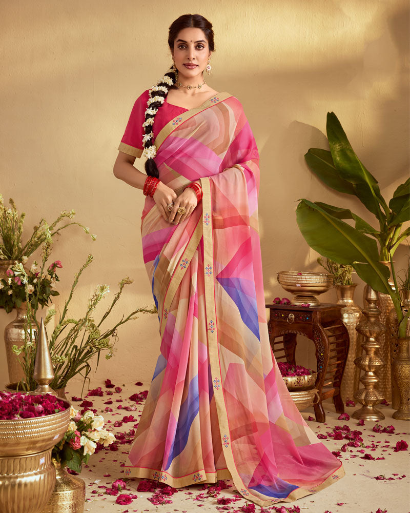 Vishal Prints Peachy Orange And Blush Pink Digital Print Georgette Saree With Fancy Embroidery Border
