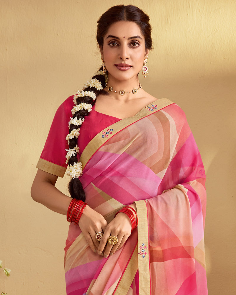 Vishal Prints Peachy Orange And Blush Pink Digital Print Georgette Saree With Fancy Embroidery Border