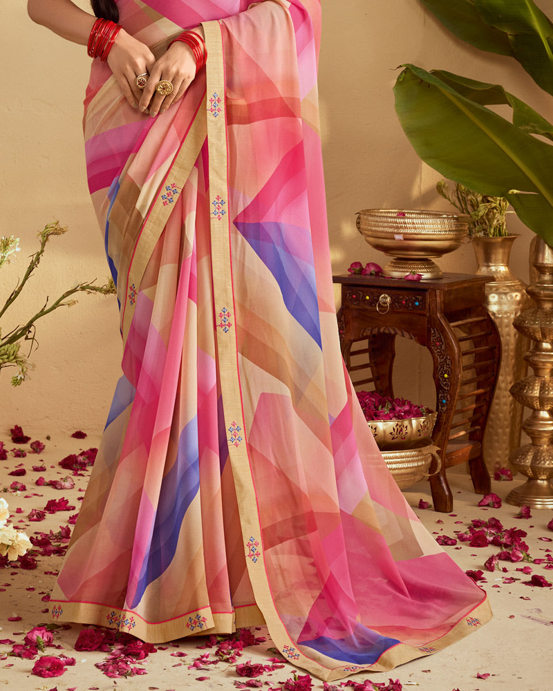 Vishal Prints Peachy Orange And Blush Pink Digital Print Georgette Saree With Fancy Embroidery Border