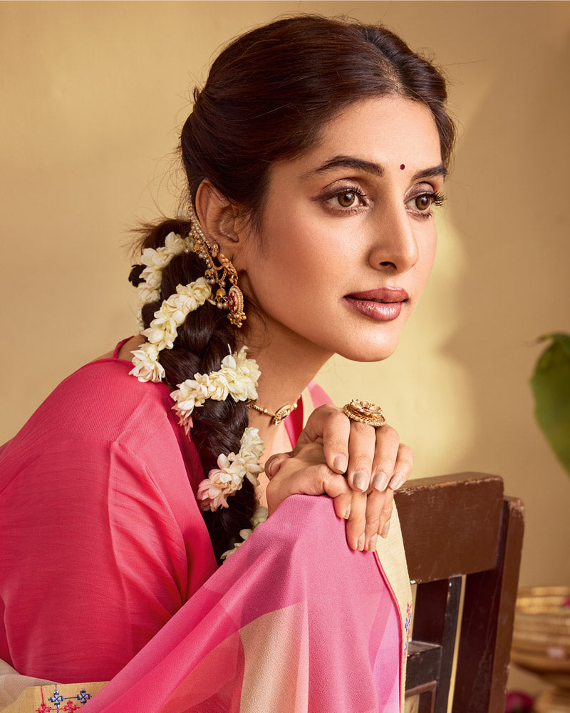 Vishal Prints Peachy Orange And Blush Pink Digital Print Georgette Saree With Fancy Embroidery Border