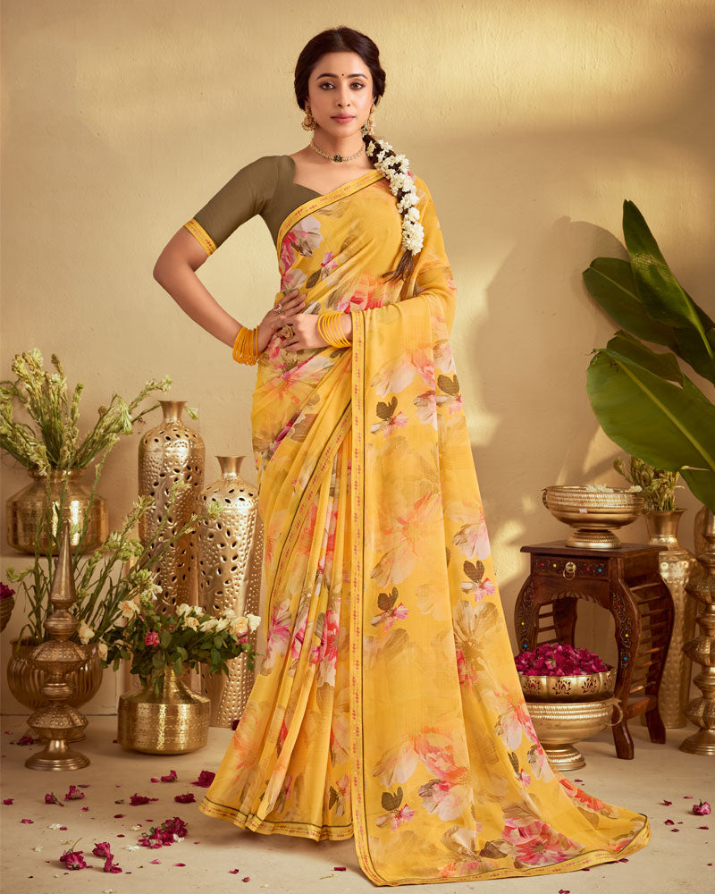 Vishal Prints Butterscotch Yellow Digital Print Georgette Saree With Fancy Embroidery Border