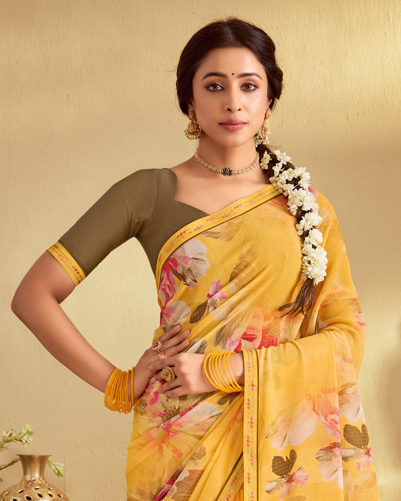 Vishal Prints Butterscotch Yellow Digital Print Georgette Saree With Fancy Embroidery Border