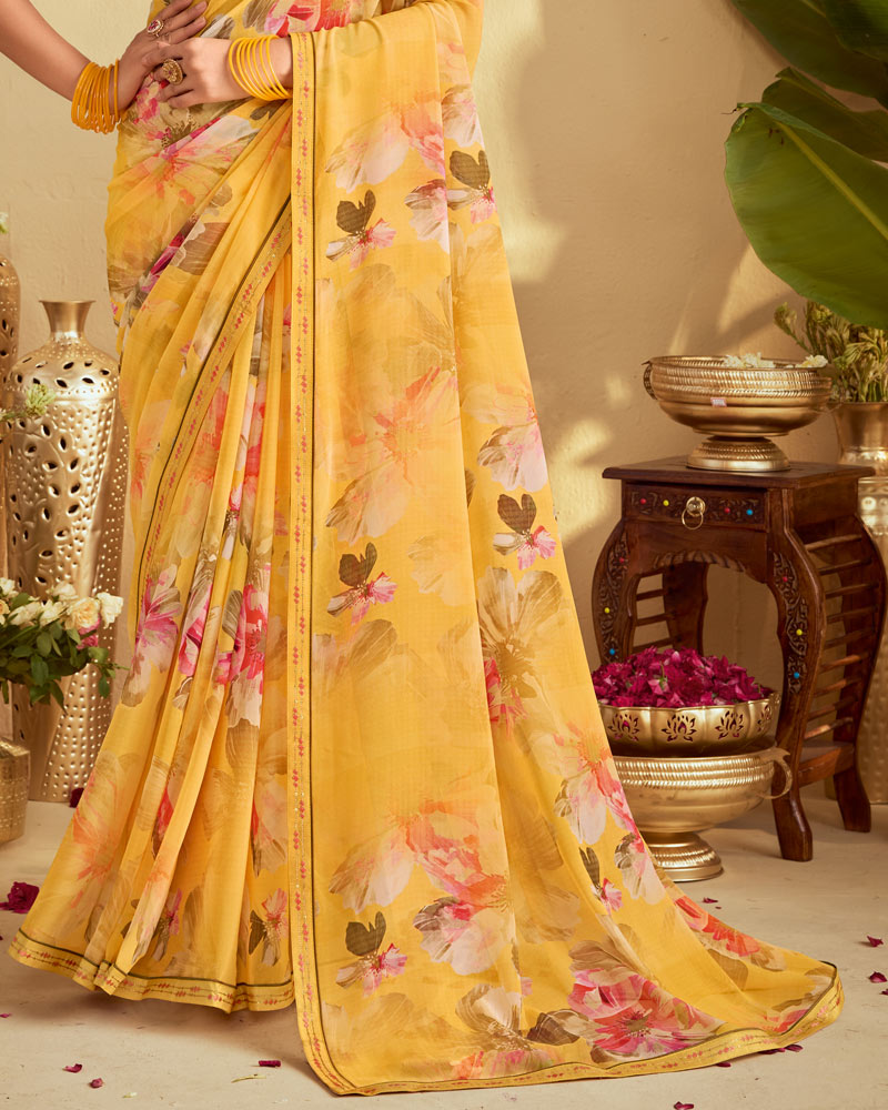 Vishal Prints Butterscotch Yellow Digital Print Georgette Saree With Fancy Embroidery Border