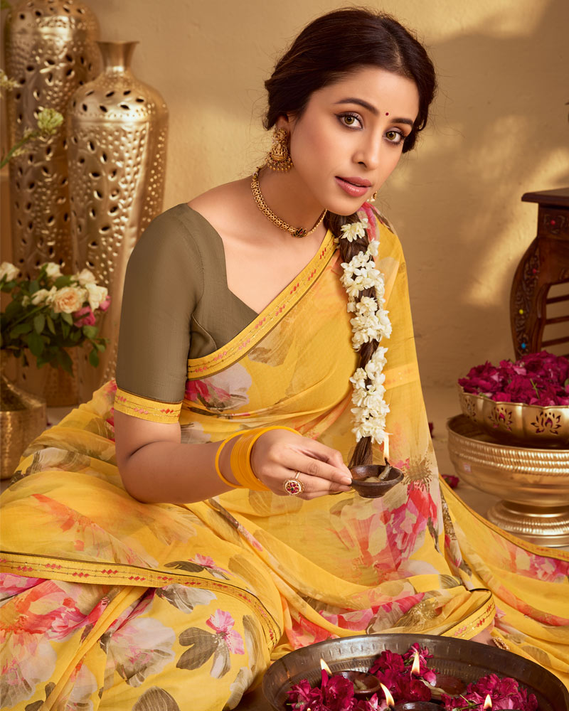 Vishal Prints Butterscotch Yellow Digital Print Georgette Saree With Fancy Embroidery Border